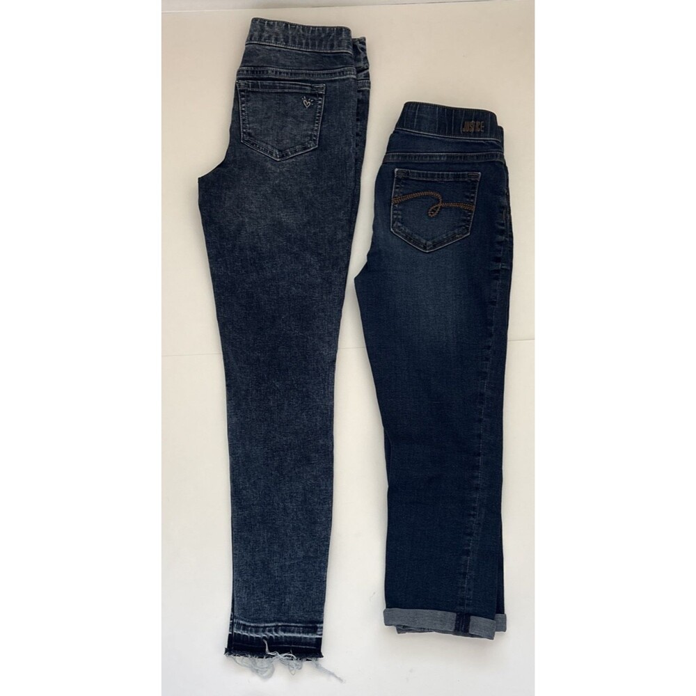 Lot of 2 Girls Blue Denim Jeans Justice Slim Distressed Cuffed Cropped Sz 12 14
